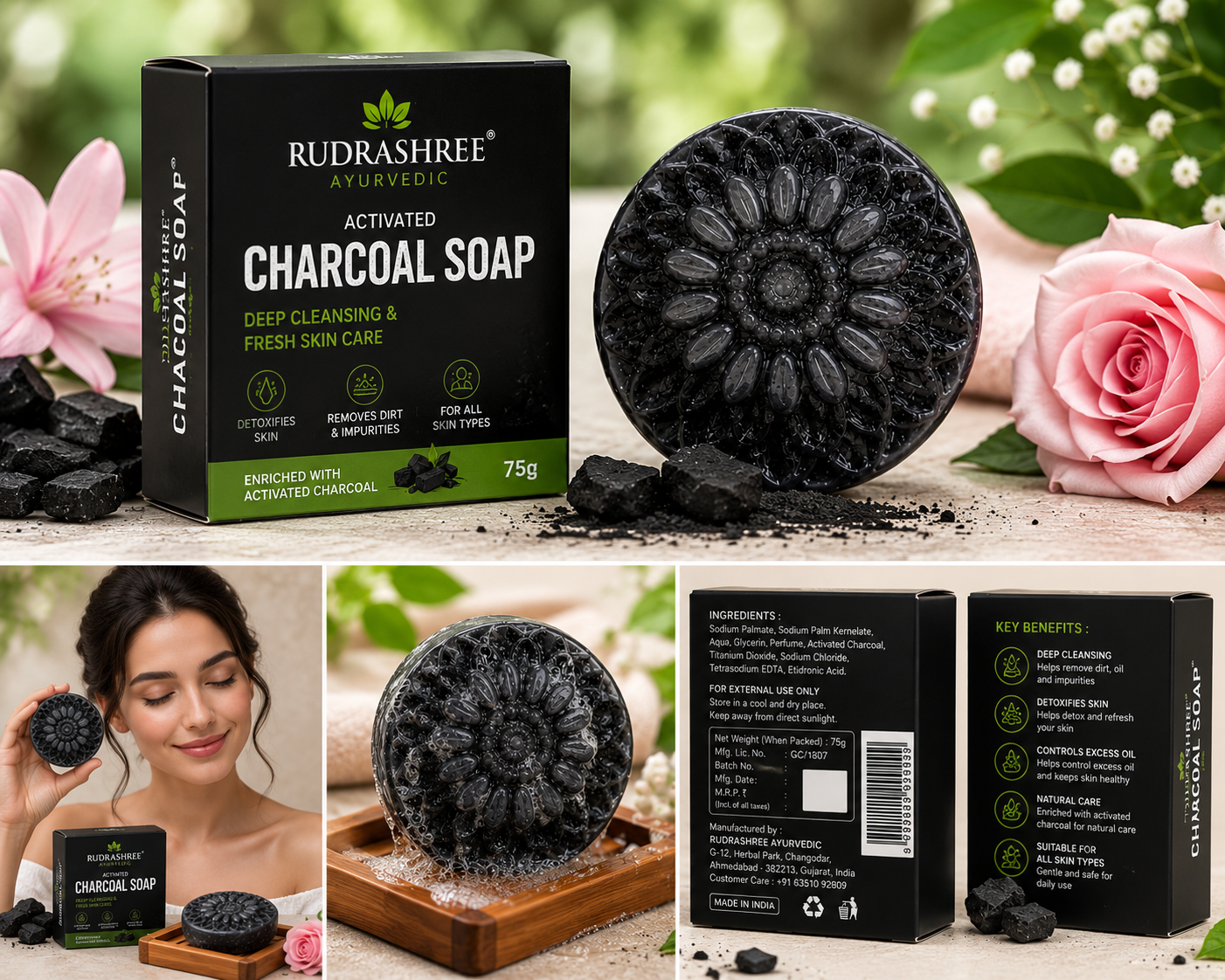 Rudrashree Activated Charcoal Soap – Deep Cleansing & Fresh Skin Care Bar